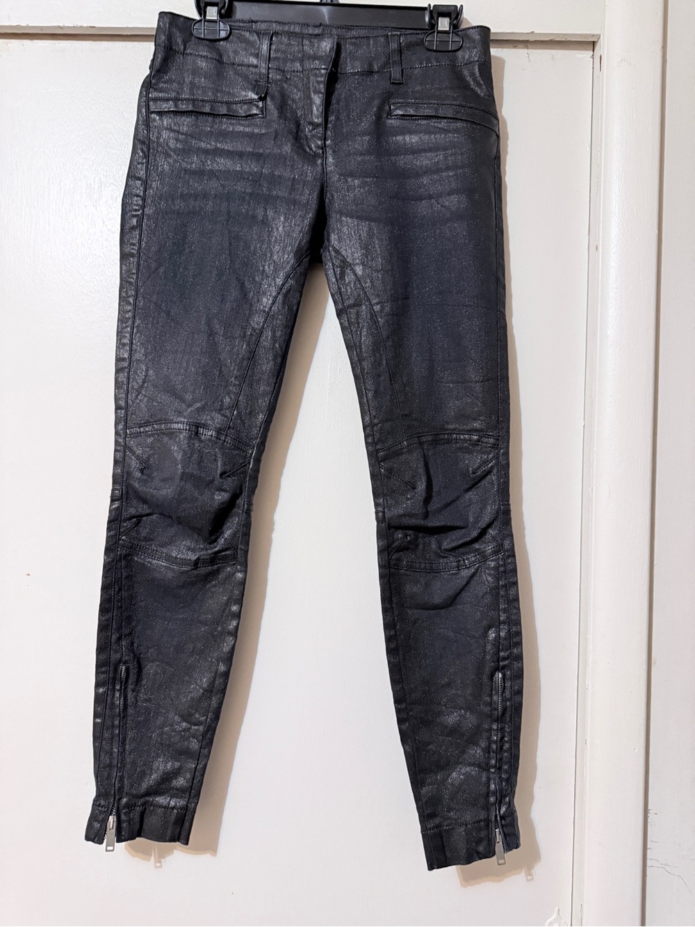 R13 coated metallic moto jeans